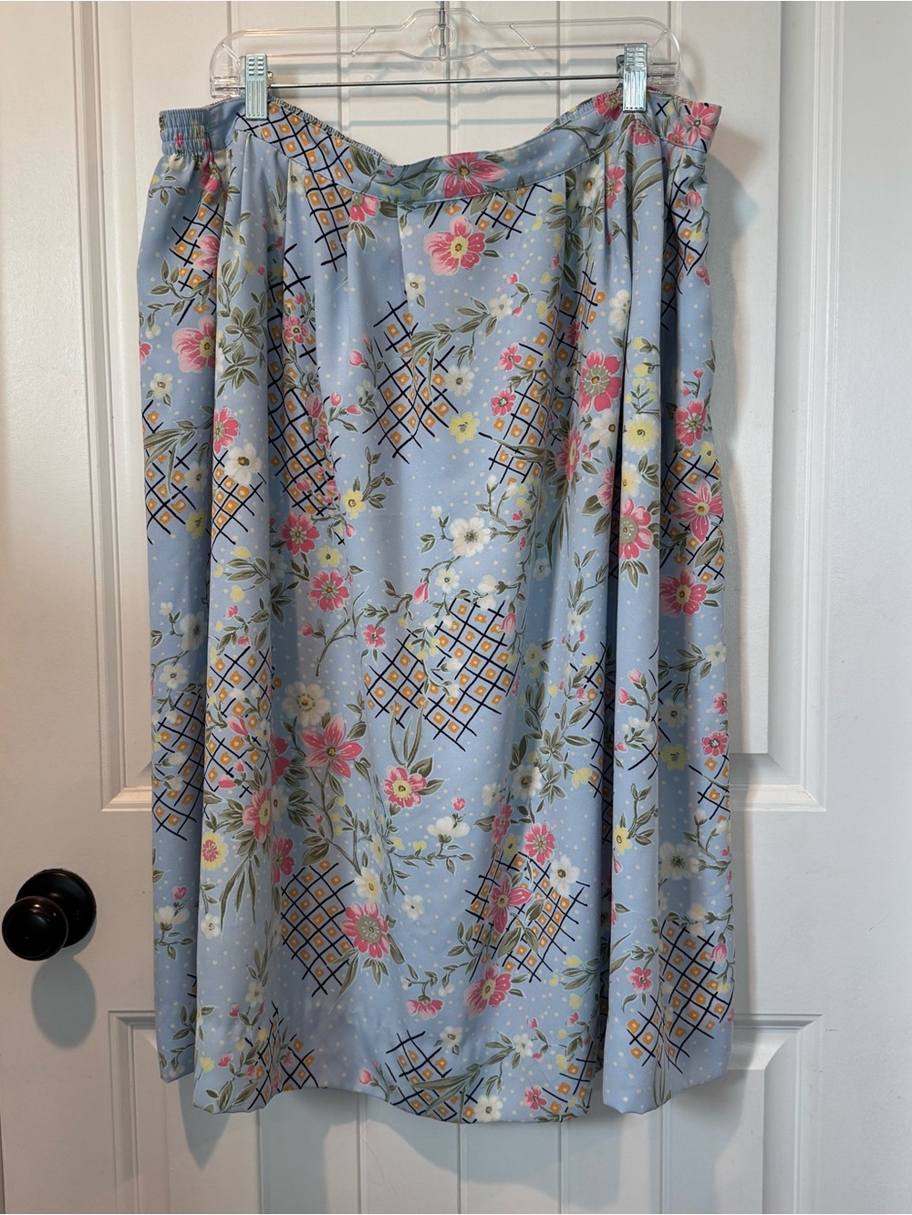 Sag Harbor Blue Floral Midi Skirt with Pink & Yellow Blooms
